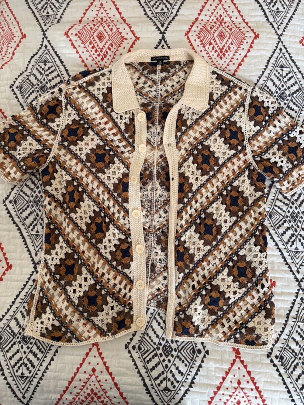Crochet Button-Up Cardigan in Cream, Brown & Navy